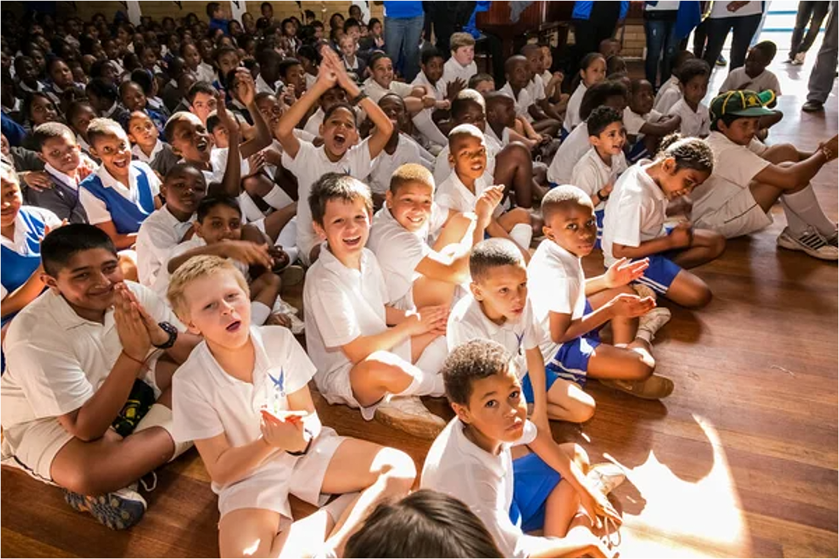 Learners seated together in a school hall